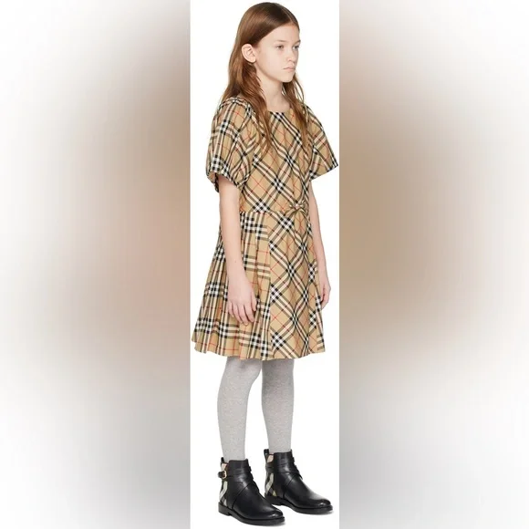 Burberry Kids Beige Pleated Check Dress